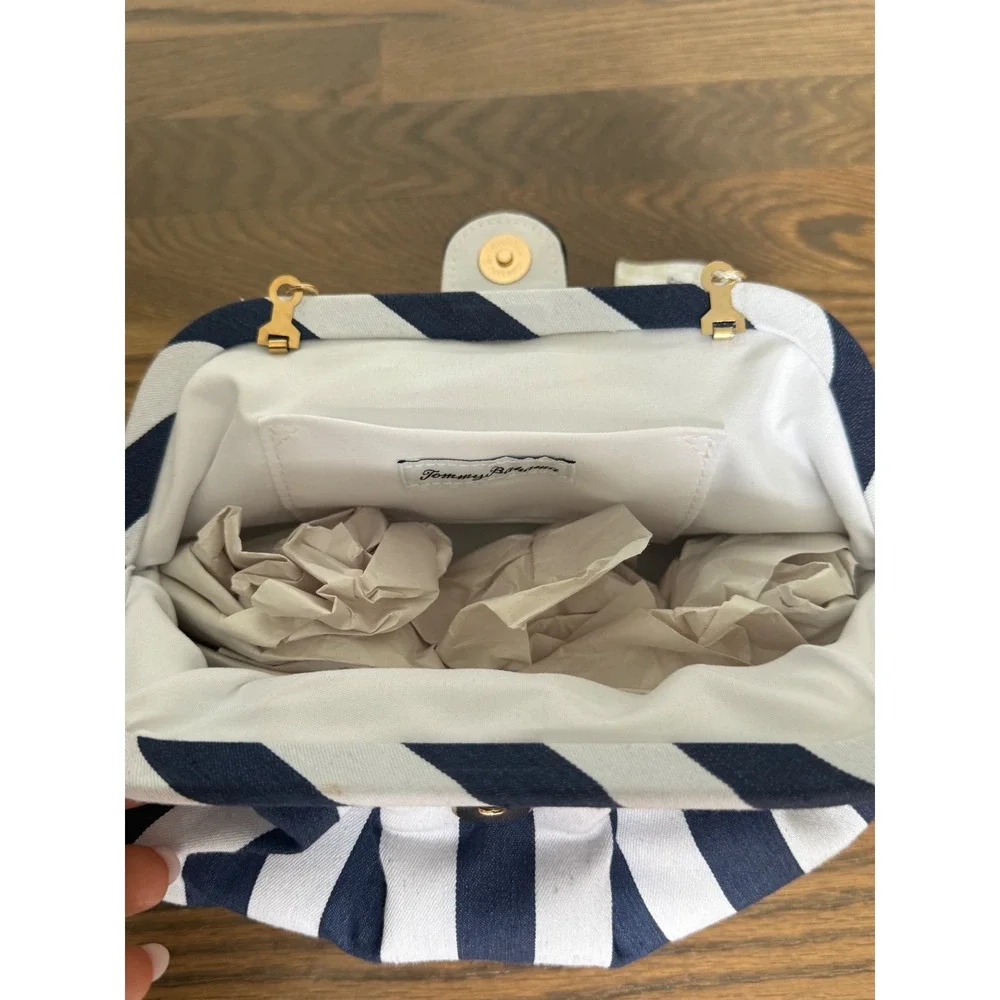 Tommy Bahama Navy Blue White Striped Pleated Clutch Bag Gold Chain Strap - Picture 9 of 9